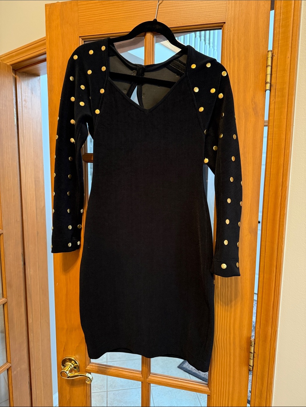 Tadashi Black Long-Sleeve Studded Dress with Gold Accents